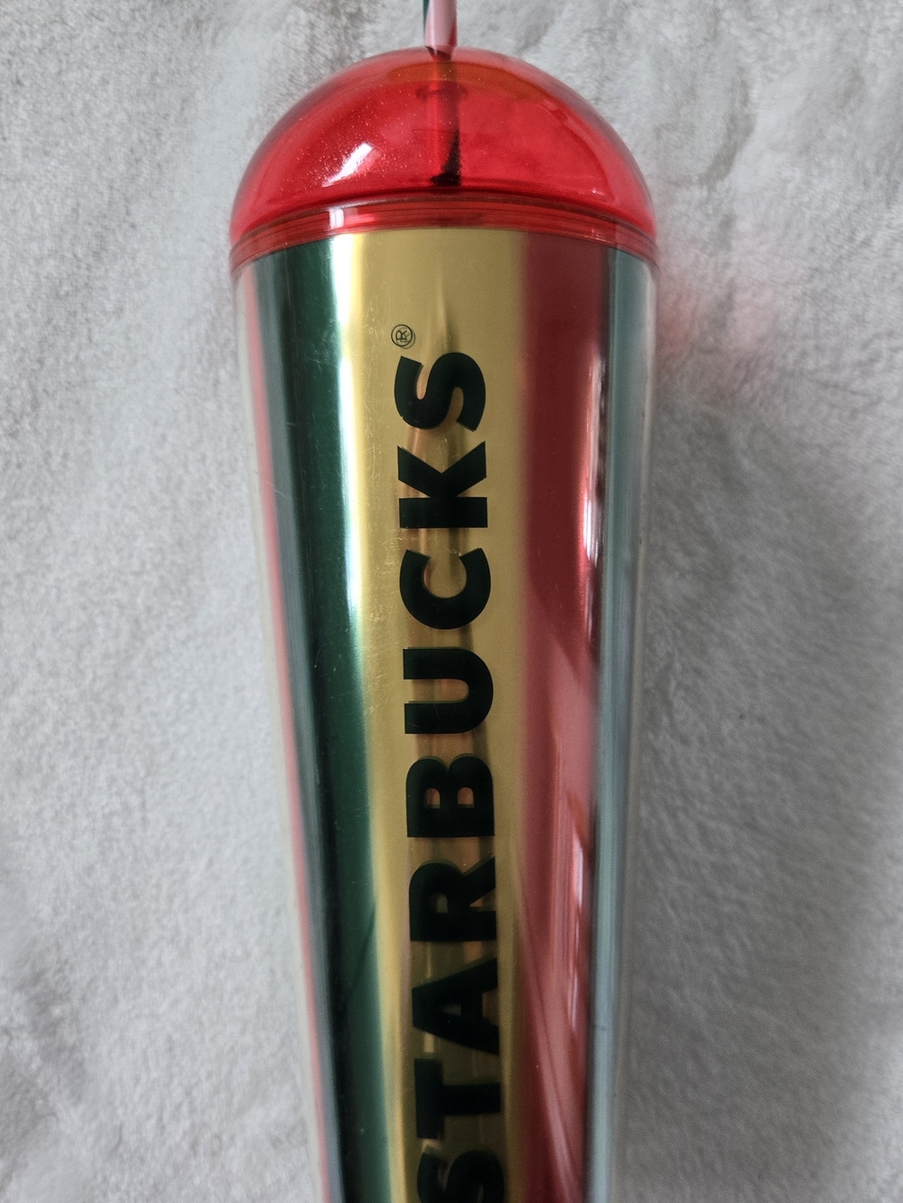 Starbucks Red Green And Gold Striped Tumbler with Red Dome Lid NWOT
